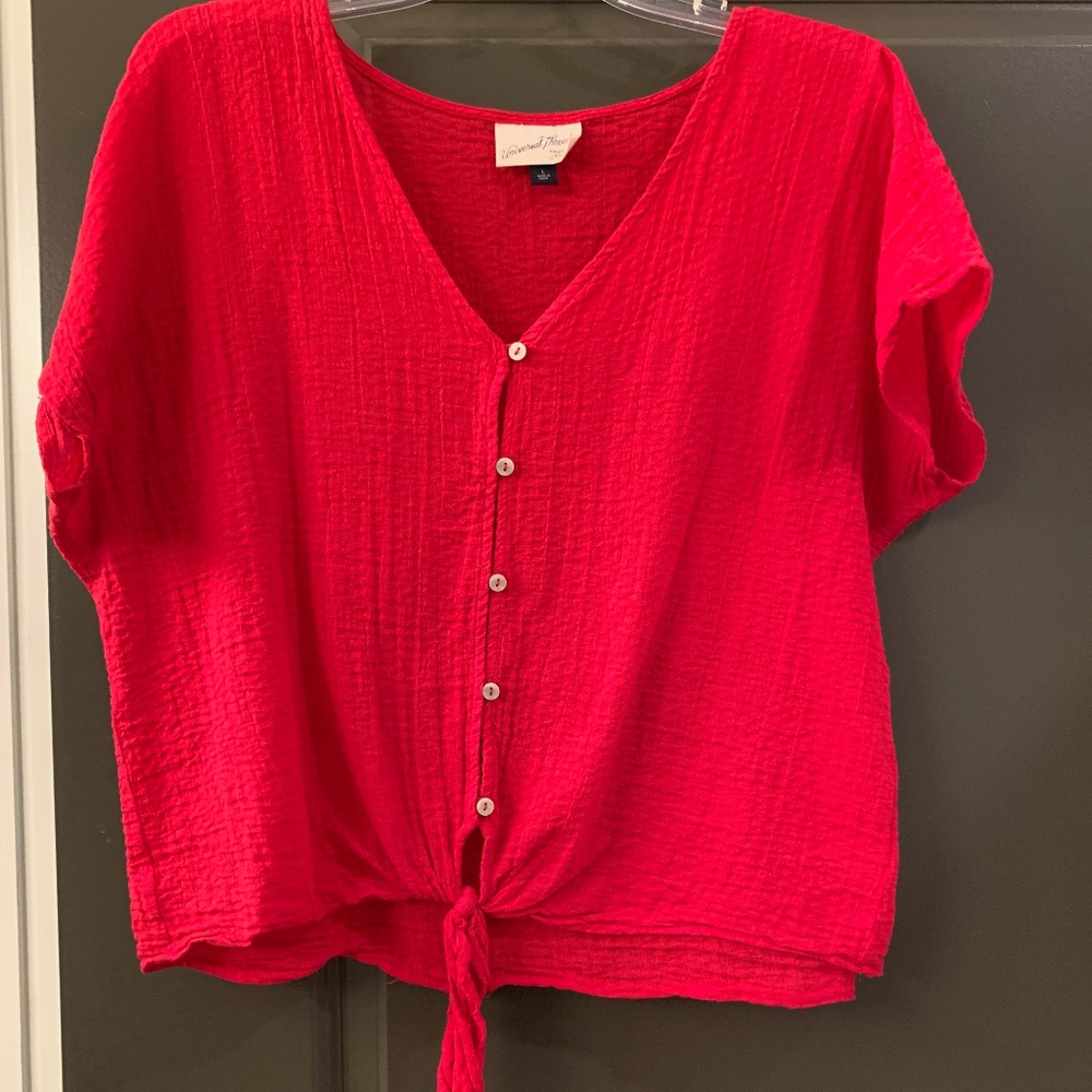 Red button up blouse